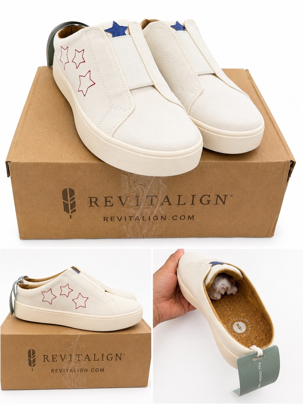 REVITALIGN WOMEN Cream Slip-On Sneakers with Blue and Red Star Details